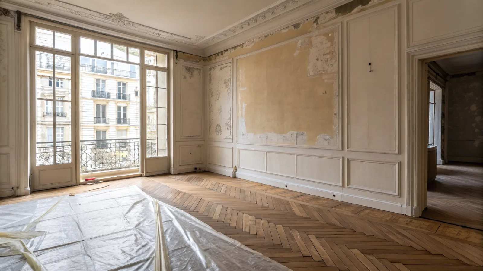 Pièce en cours de travaux : mur décapé, moulures, bâche de protection au sol.