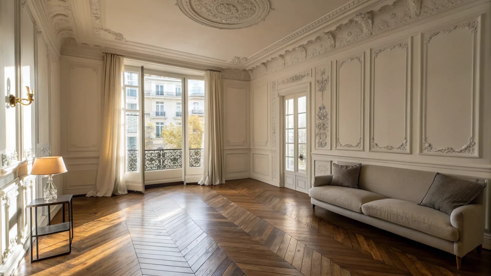 Salon haussmannien rénové, parquet ciré et lumière chaude de fin de journée.