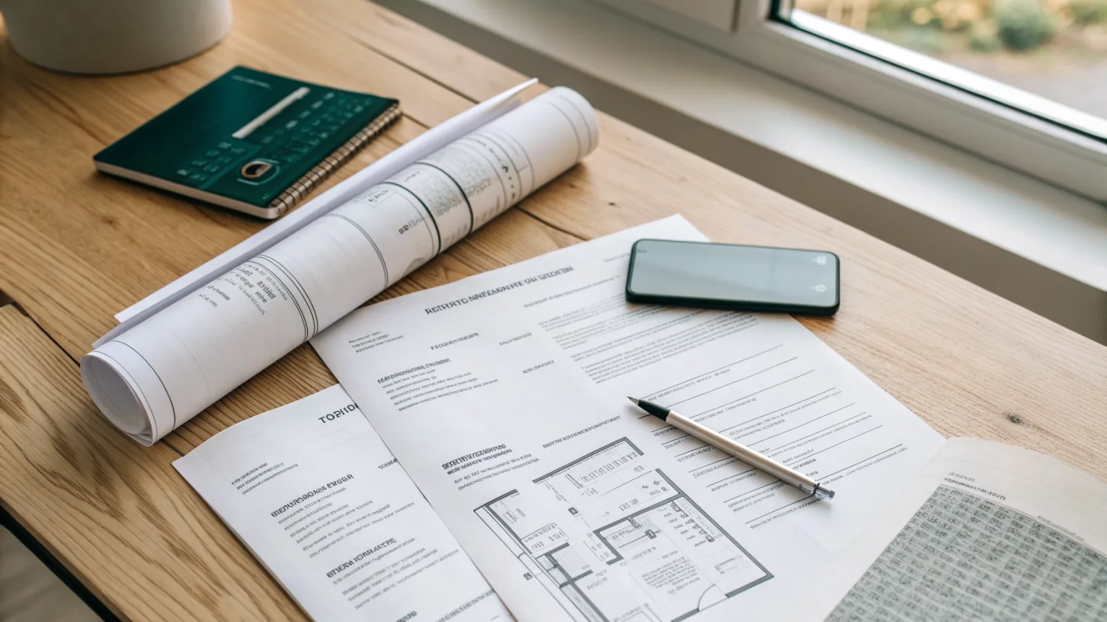 Devis papier, plan roulé et stylo posés sur une table en bois près d'une fenêtre.