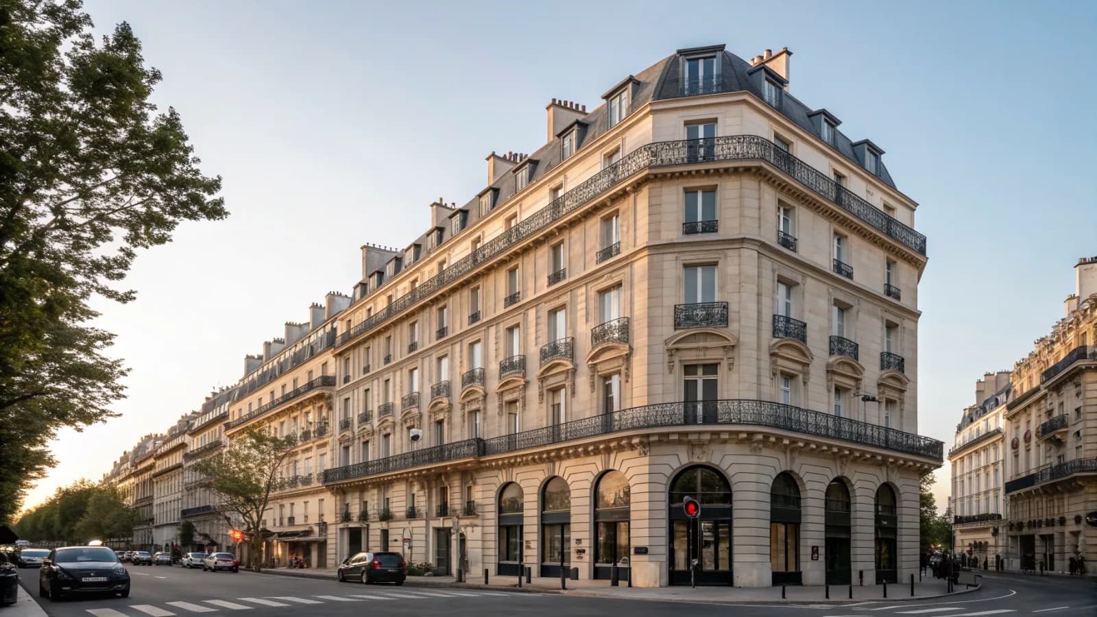 Immeuble haussmannien d'angle à Paris, au petit matin.