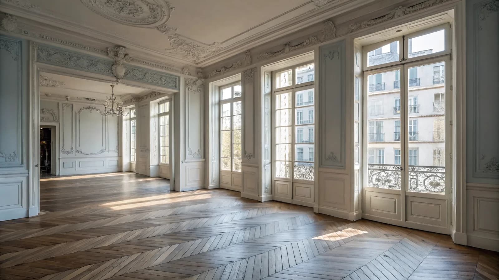 Grand salon haussmannien vide avant travaux, parquet en point de Hongrie et hautes fenêtres.