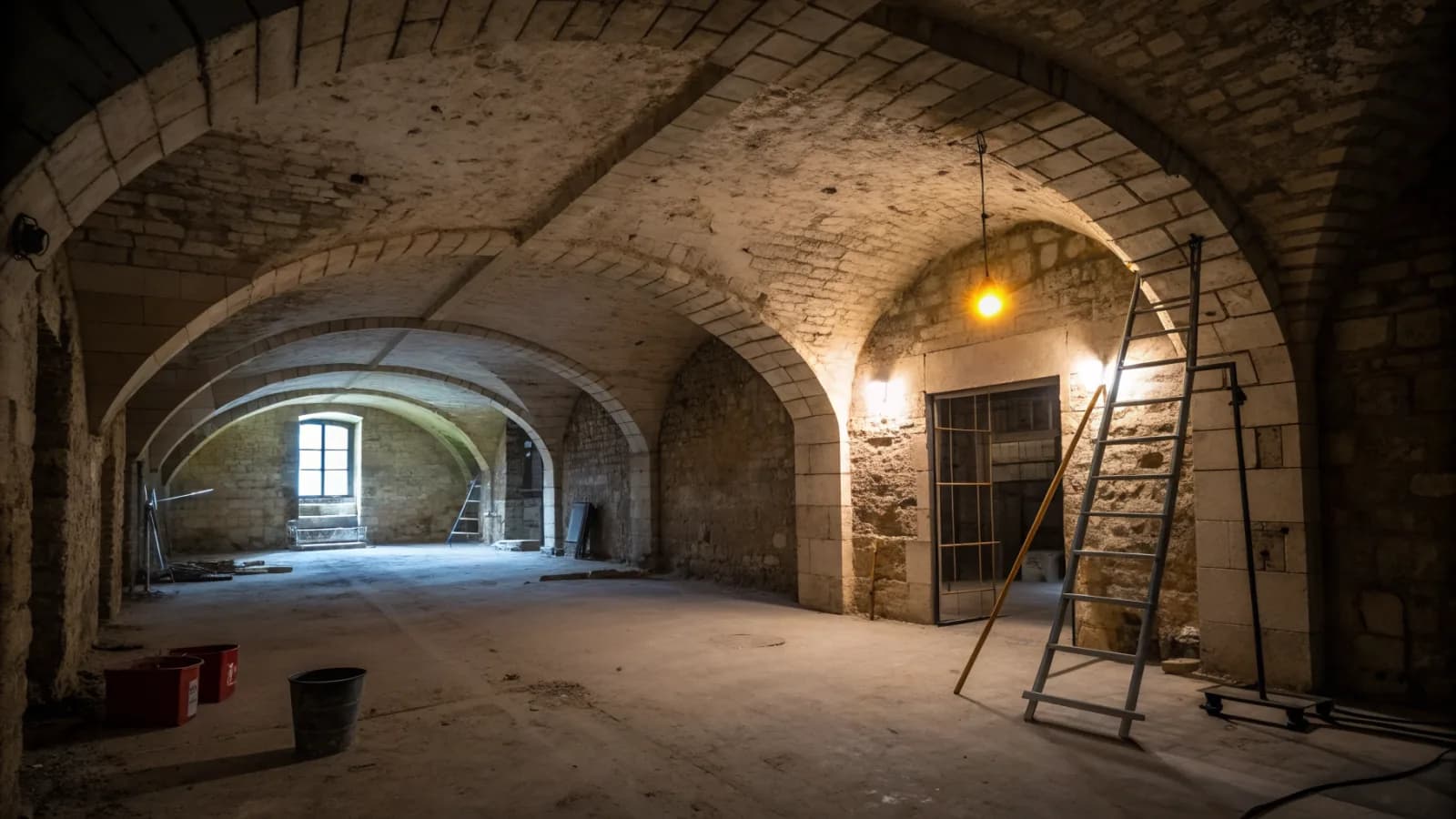 Sous-sol brut d'un immeuble ancien, réseaux et maçonnerie apparents